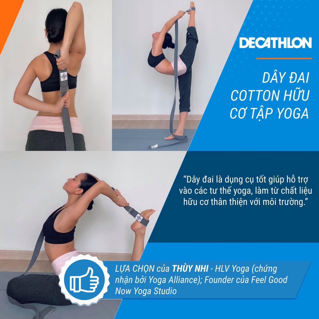 Dây đai cotton hữu cơ tập yoga Xám DECATHLON KIMJALY mã 8502978