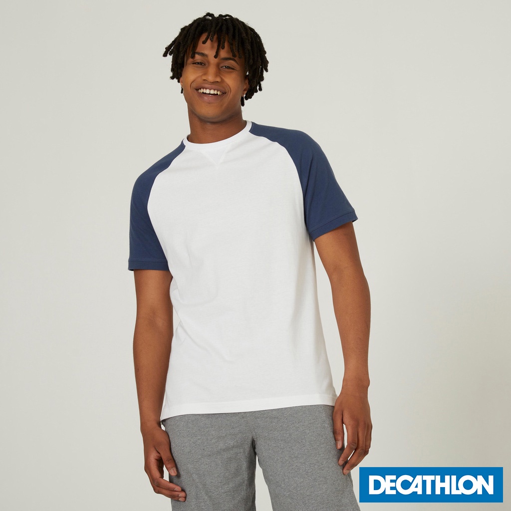 Áo thun tập fitness 520 cho nam Trắng/Xanh dương DECATHLON DOMYOS mã 8666773