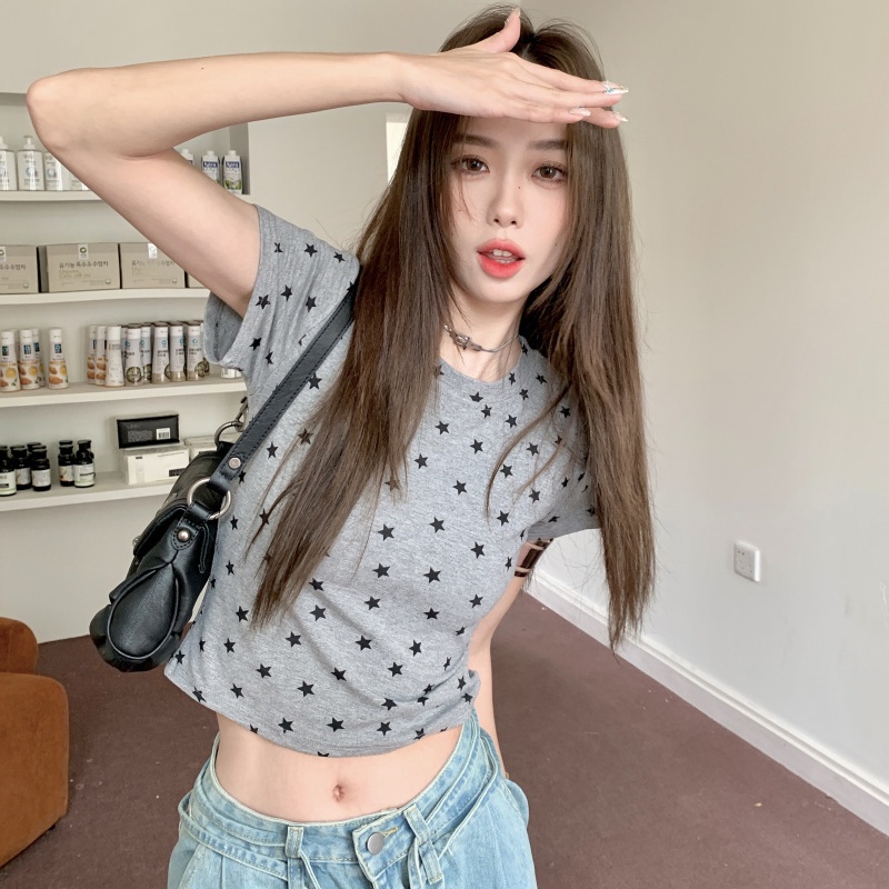 Áo Thun Nữ Ngắn Tay In Hình Ngôi Sao Màu Trơn Phong Cách Hàn Quốc Thời Trang Mùa Hè