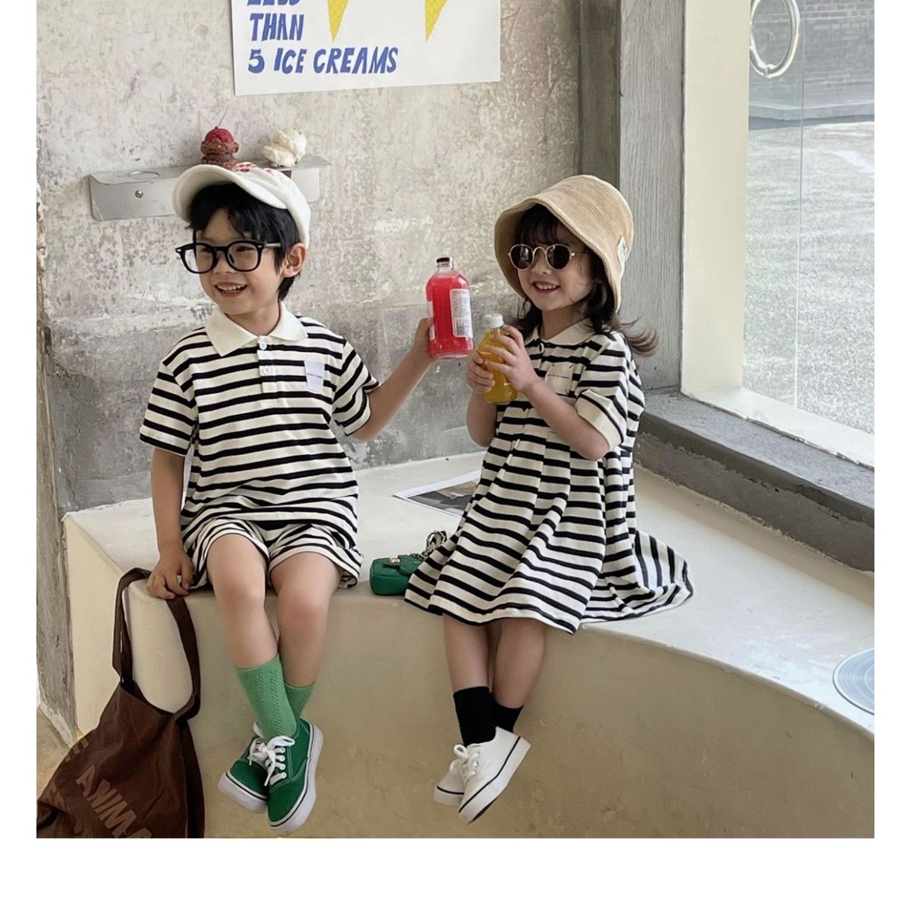 Đầm Dệt Kim Cổ POLO Họa Tiết Kẻ Sọc Thời Trang Mùa Hè Xinh Xắn Cho Bé Gái