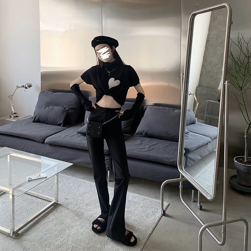 Jiashucheng Quần Dài Ống Rộng Xẻ Tà Lưng Cao Màu Đen Thời Trang Mùa Hè Cho Nữ