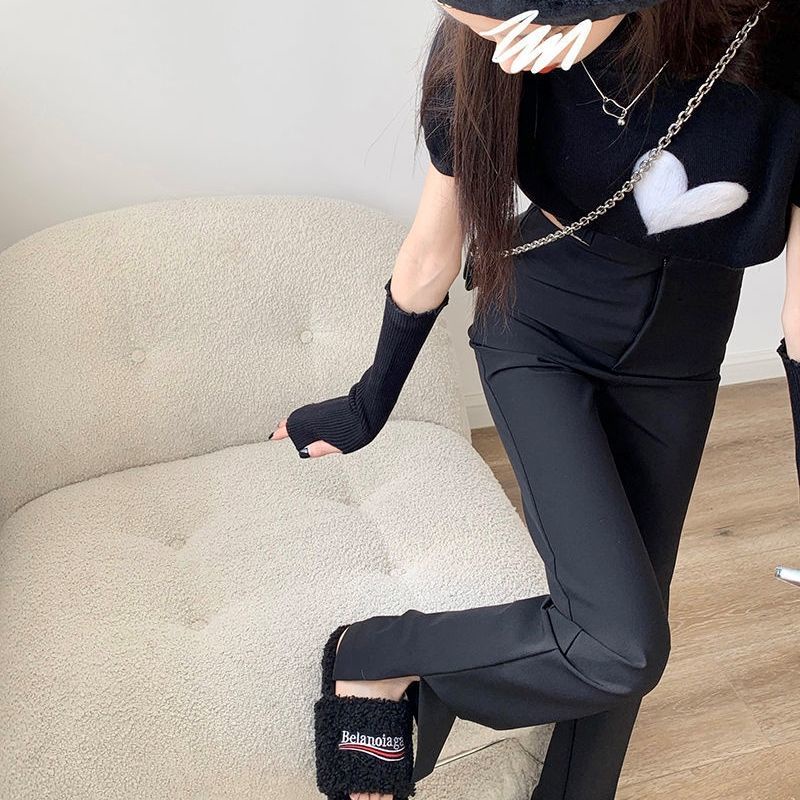 Jiashucheng Quần Dài Ống Rộng Xẻ Tà Lưng Cao Màu Đen Thời Trang Mùa Hè Cho Nữ