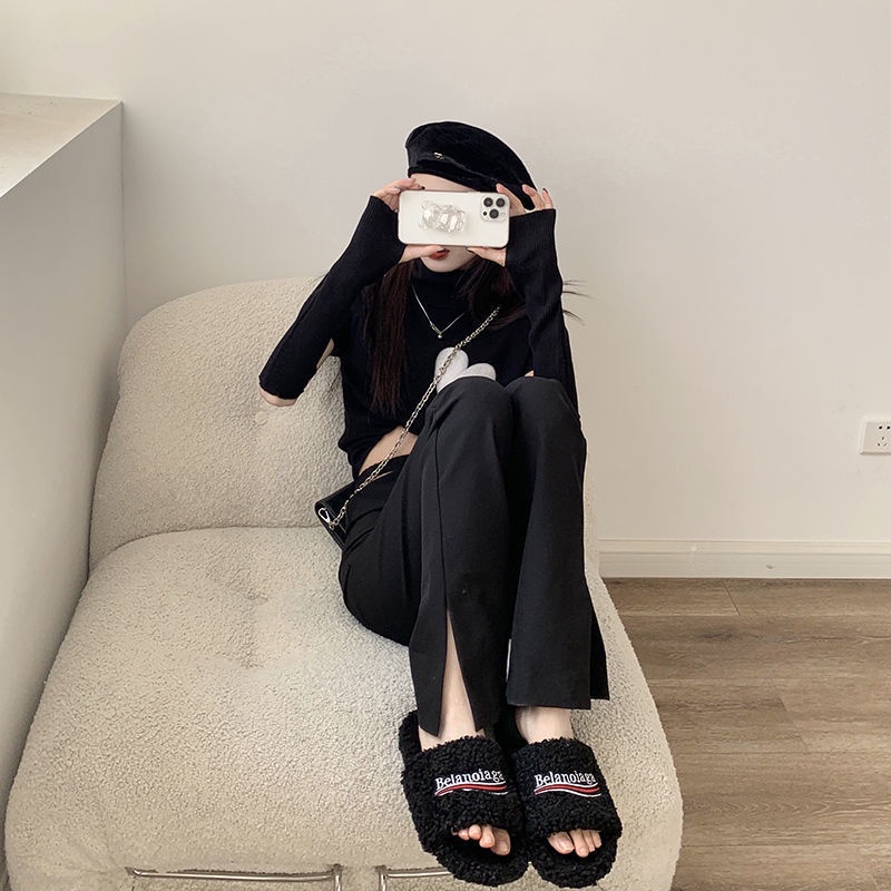 Jiashucheng Quần Dài Ống Rộng Xẻ Tà Lưng Cao Màu Đen Thời Trang Mùa Hè Cho Nữ