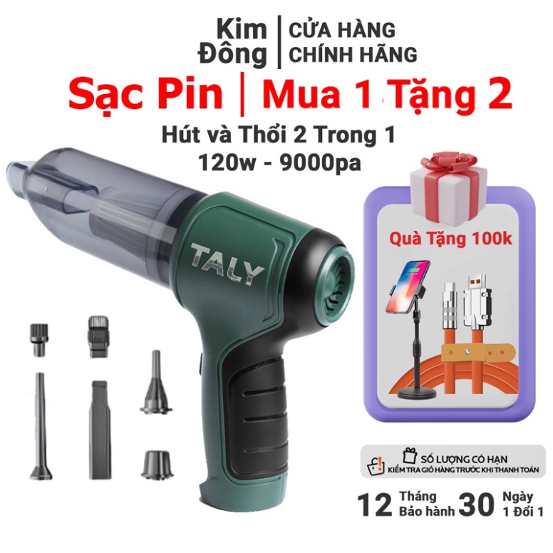 Máy hút bụi cầm tay mini TALY 2in1, vừa hút vừa thổi ô tô 120W 9000pa lõi lọc HEPA Kim Đông