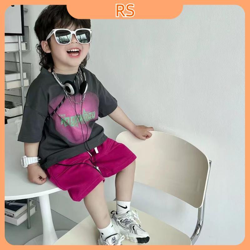 【Hot】 Bộ đồ mùa hè mới của Hàn Quốc in chữ Áo khoác ngoài dễ thương phù hợp cho trẻ em ngắn tay + quần đùi
