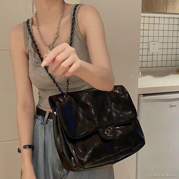 Phong Cách Retro Da Dầu Đen Hobo Túi Túi Sát Nách Túi Dung Tích Lớn Túi Tote💋HÀNG CÓ SẴN🍰