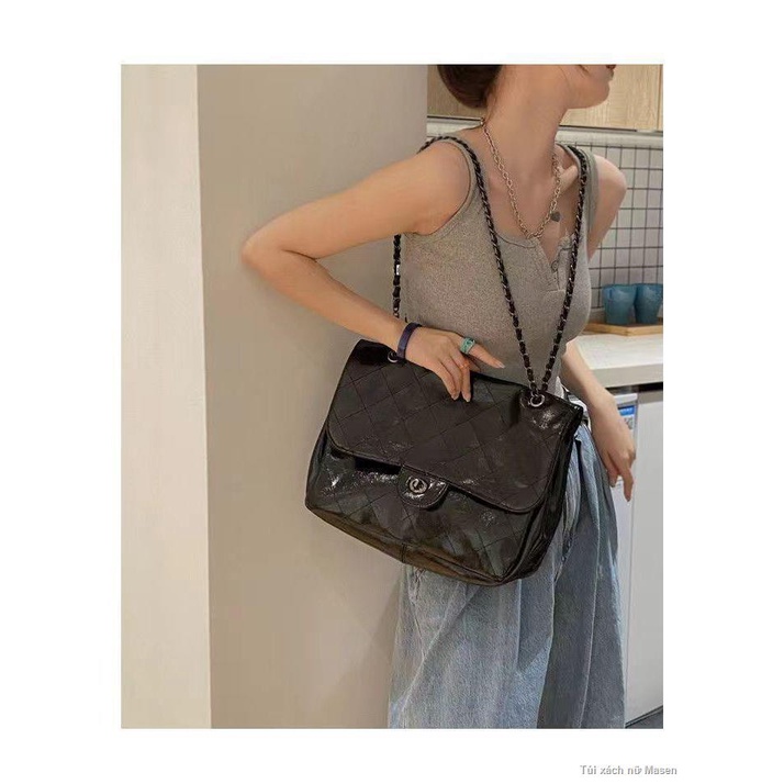 Phong Cách Retro Da Dầu Đen Hobo Túi Túi Sát Nách Túi Dung Tích Lớn Túi Tote💋HÀNG CÓ SẴN🍰