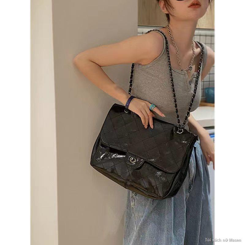 Phong Cách Retro Da Dầu Đen Hobo Túi Túi Sát Nách Túi Dung Tích Lớn Túi Tote💋HÀNG CÓ SẴN🍰