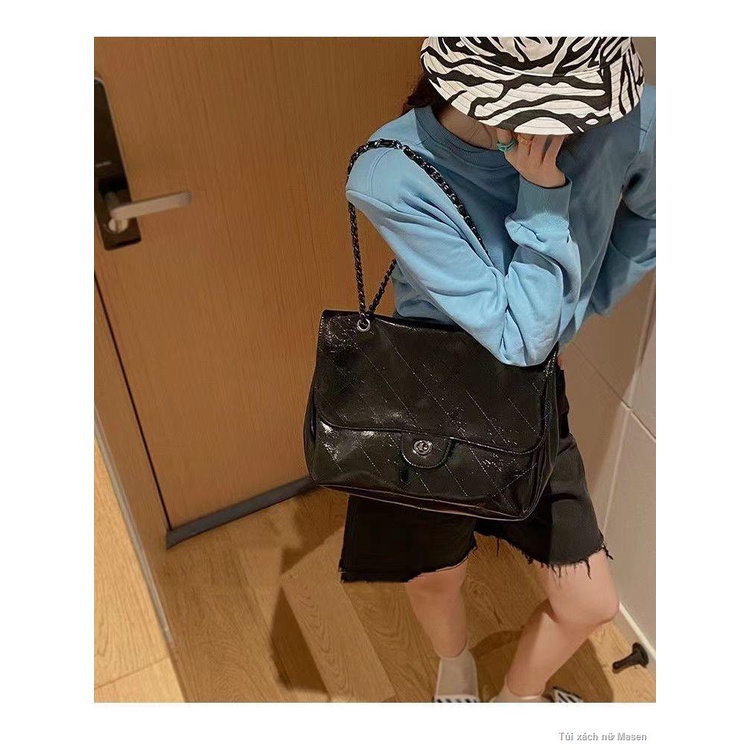 Phong Cách Retro Da Dầu Đen Hobo Túi Túi Sát Nách Túi Dung Tích Lớn Túi Tote💋HÀNG CÓ SẴN🍰