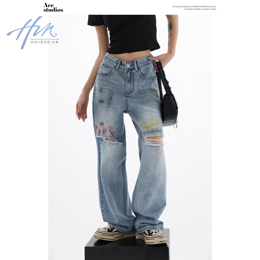 Quần Jean Rách Ống Đứng Họa Tiết Graffiti Mẫu Mới 2023 Thời Trang Mùa Hè Cho Nữ