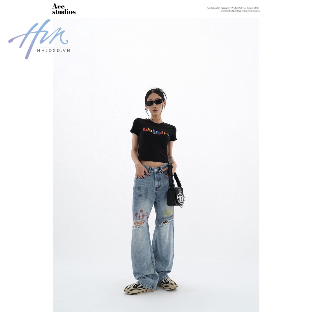 Quần Jean Rách Ống Đứng Họa Tiết Graffiti Mẫu Mới 2023 Thời Trang Mùa Hè Cho Nữ