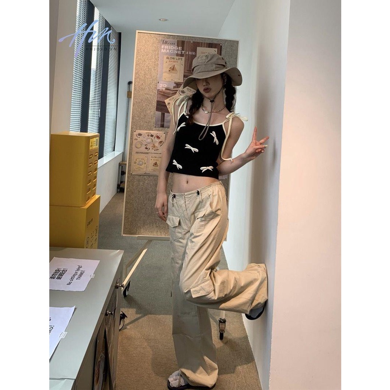 Áo Hai Dây Mùa Hè 23 Màu Trơn Đính Nơ Phong Cách Retro Mỹ Cho Nữ