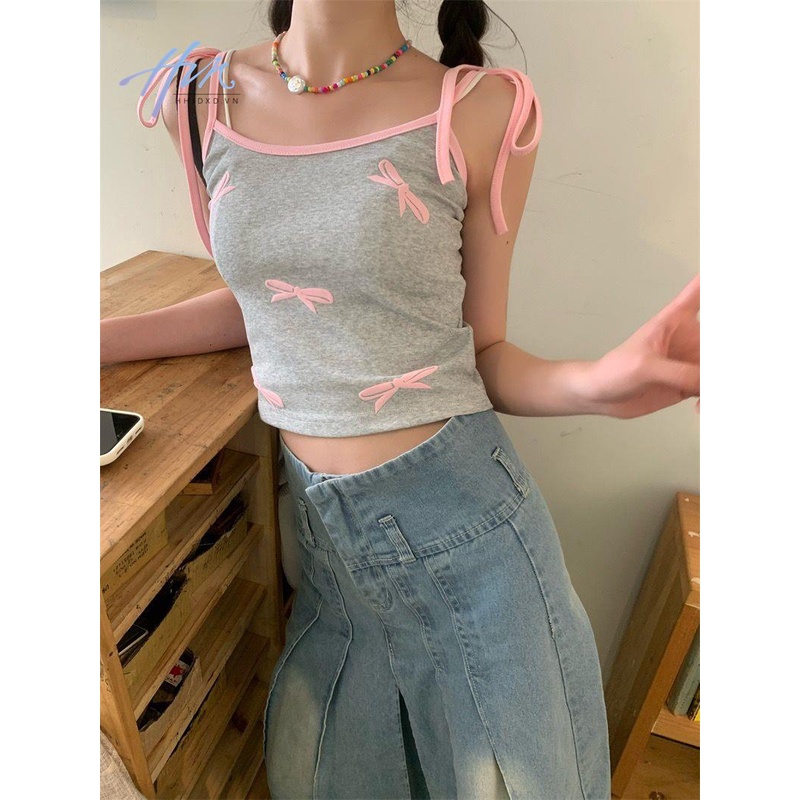 Áo Hai Dây Mùa Hè 23 Màu Trơn Đính Nơ Phong Cách Retro Mỹ Cho Nữ