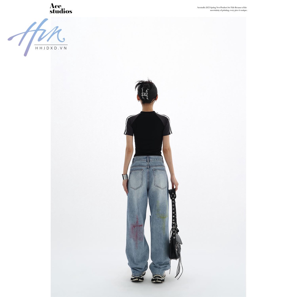 Quần Jean Rách Ống Đứng Họa Tiết Graffiti Mẫu Mới 2023 Thời Trang Mùa Hè Cho Nữ