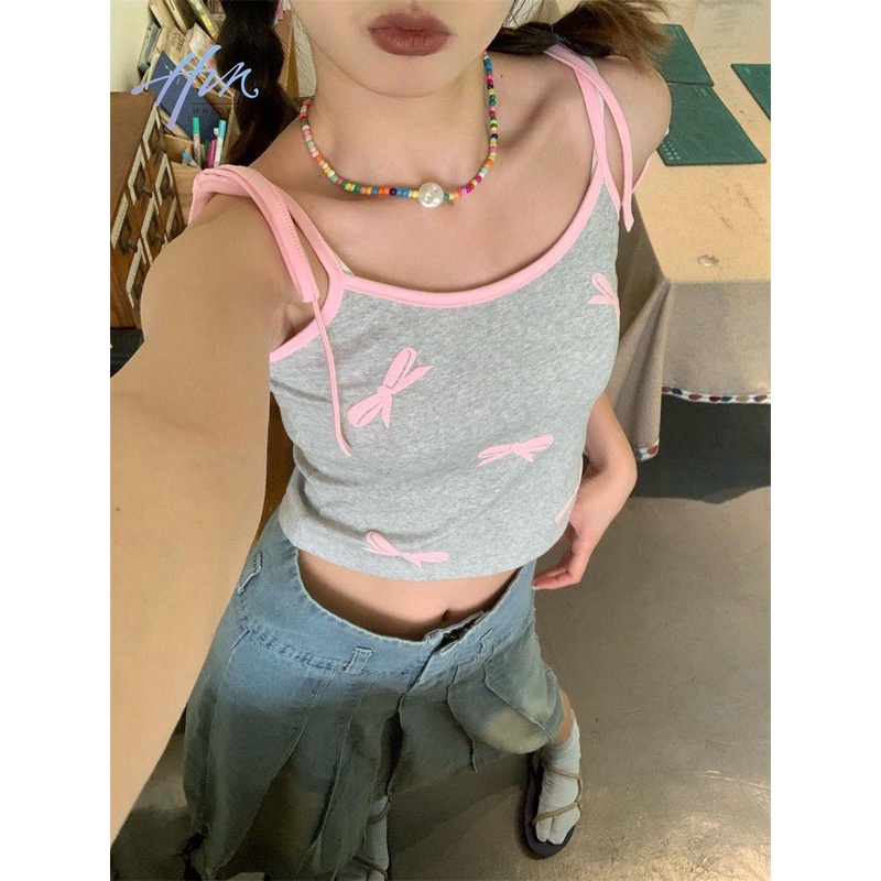 Áo Hai Dây Mùa Hè 23 Màu Trơn Đính Nơ Phong Cách Retro Mỹ Cho Nữ