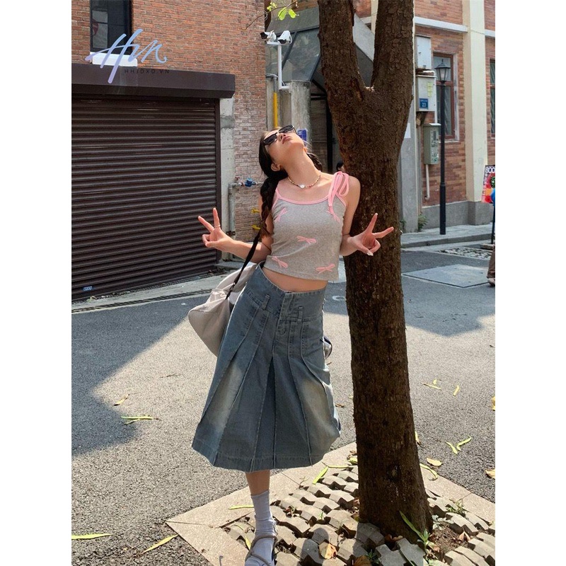 Áo Hai Dây Mùa Hè 23 Màu Trơn Đính Nơ Phong Cách Retro Mỹ Cho Nữ