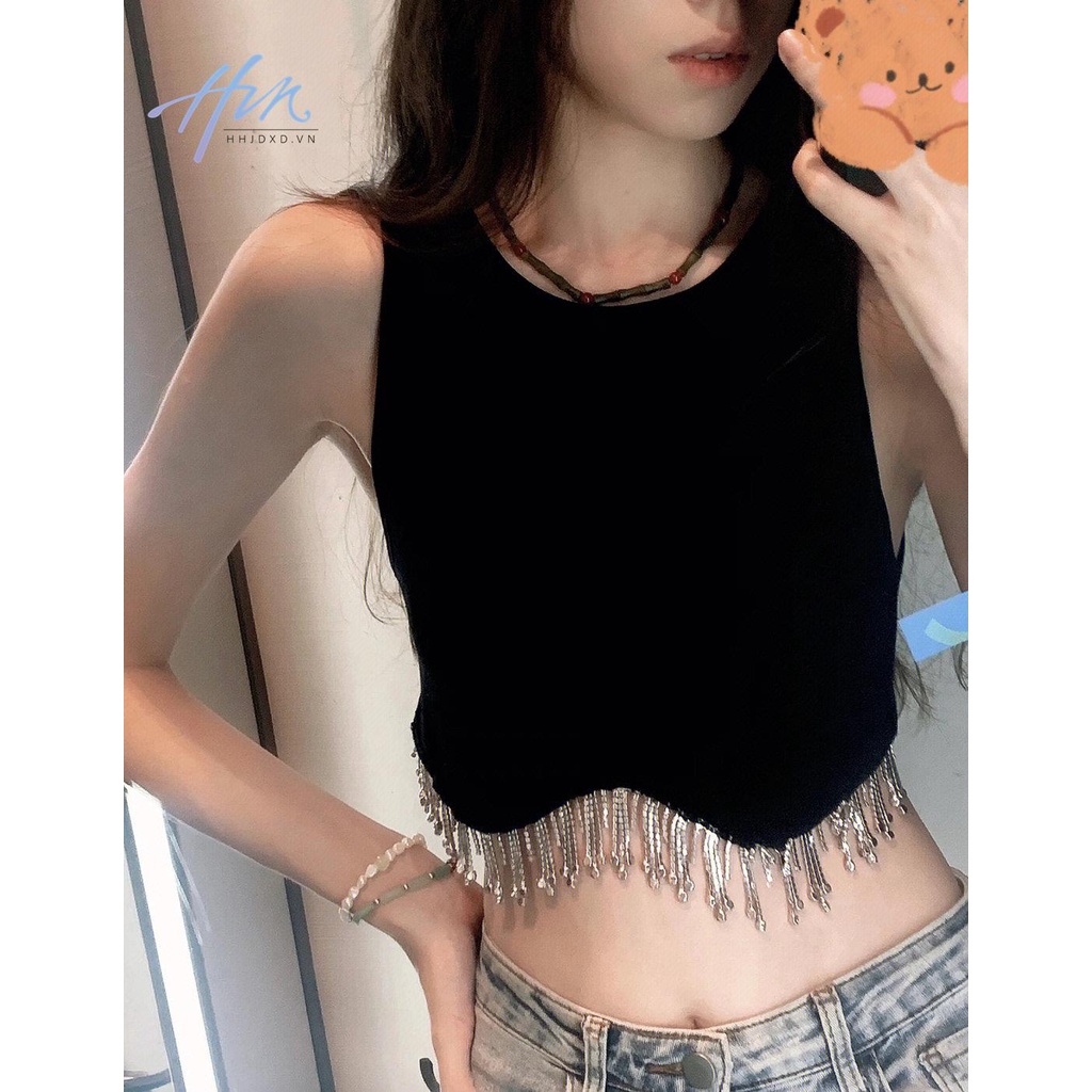 Áo Sát Nách Đính Đá Phối Tua Rua Màu Đen Phong Cách Âu Mỹ Cho Nữ