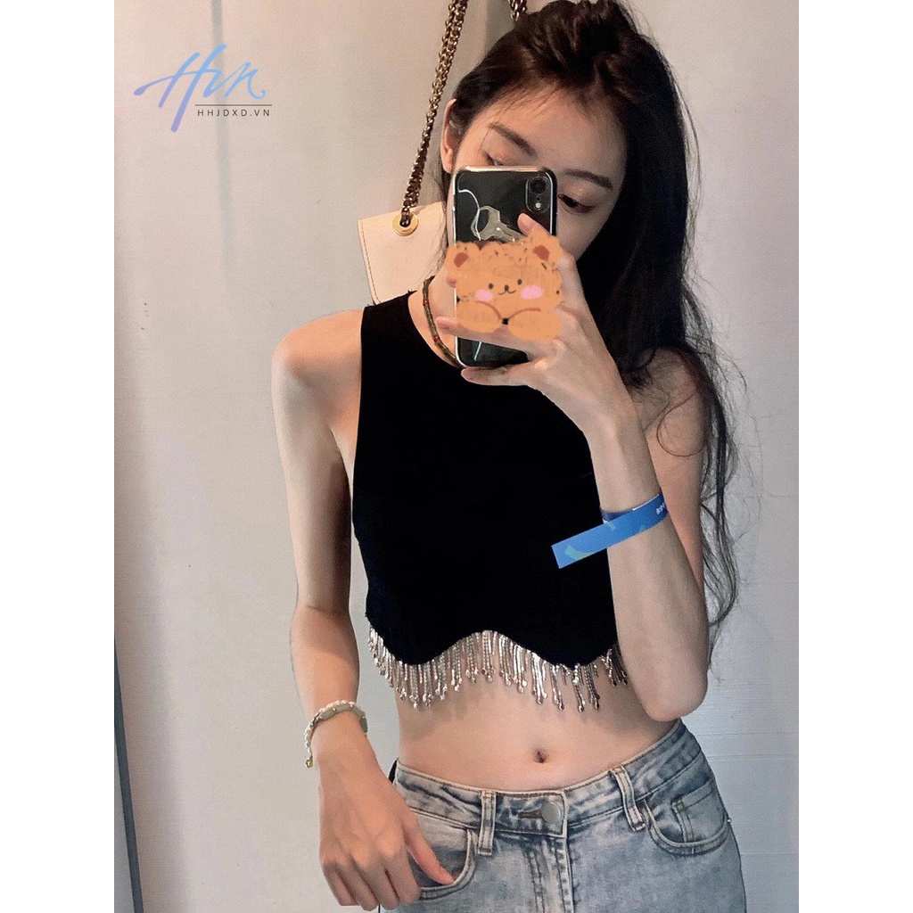 Áo Sát Nách Đính Đá Phối Tua Rua Màu Đen Phong Cách Âu Mỹ Cho Nữ