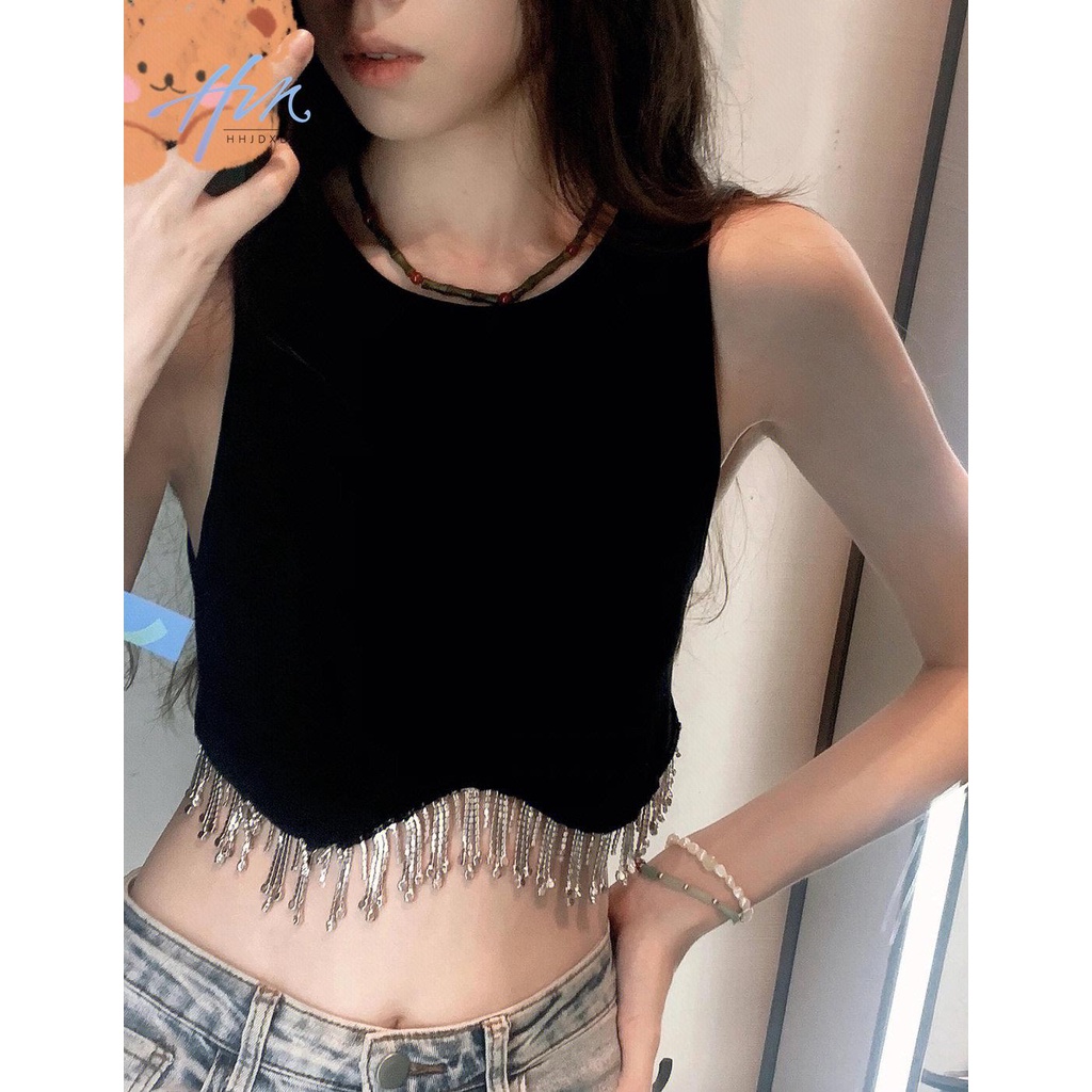 Áo Sát Nách Đính Đá Phối Tua Rua Màu Đen Phong Cách Âu Mỹ Cho Nữ