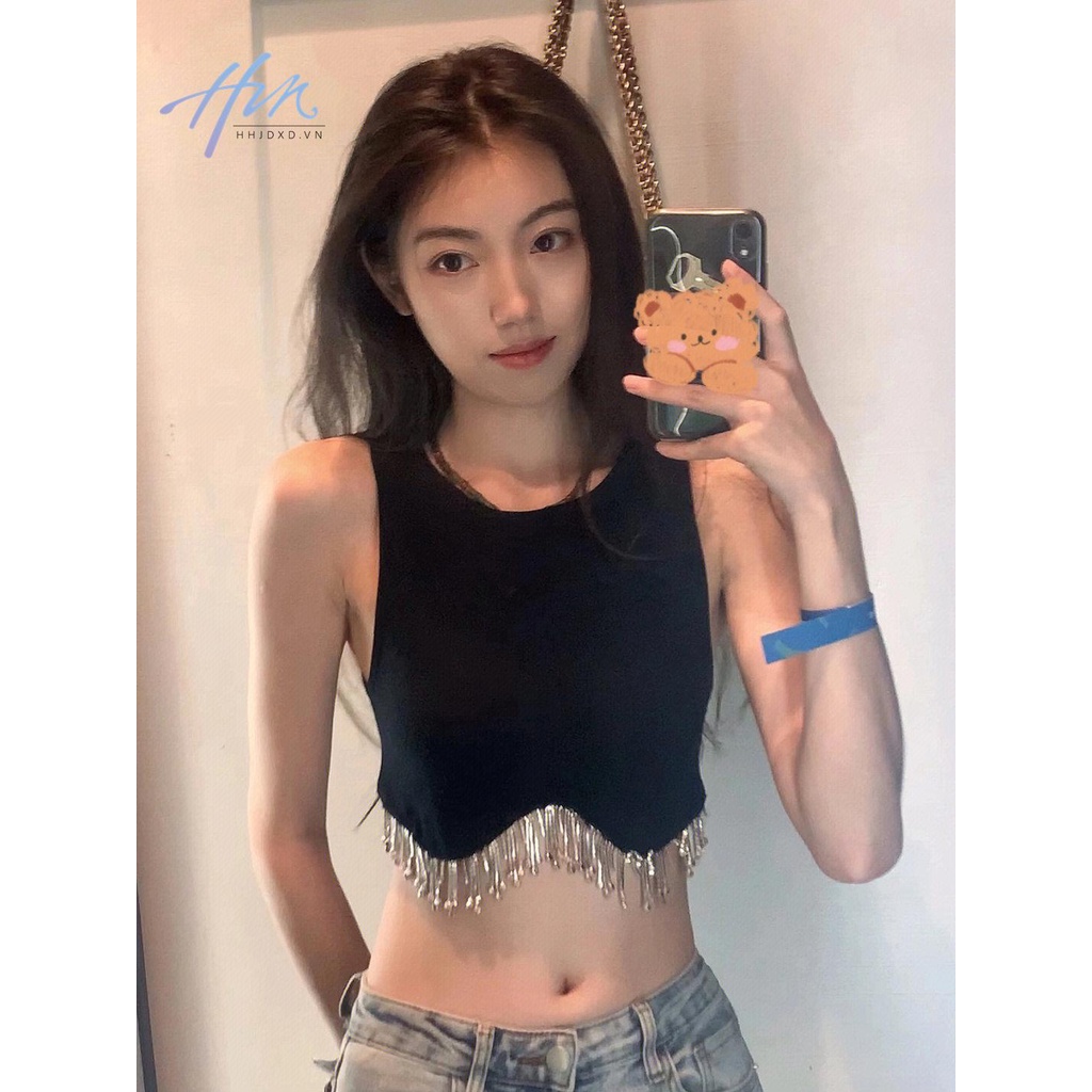 Áo Sát Nách Đính Đá Phối Tua Rua Màu Đen Phong Cách Âu Mỹ Cho Nữ