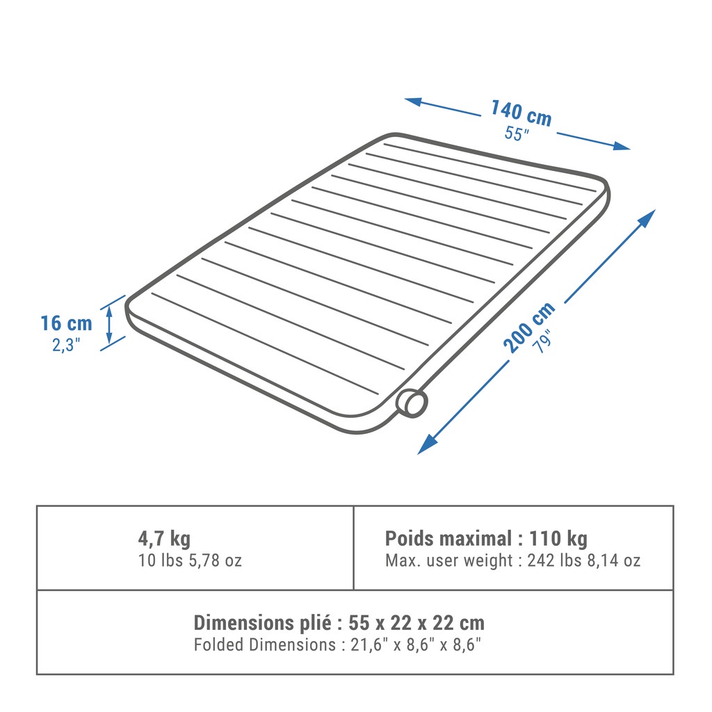 Nệm bơm hơi cắm trại Air Seconds Comfort 140 cm cho 2 người Xanh lá DECATHLON QUECHUA mã 8584388