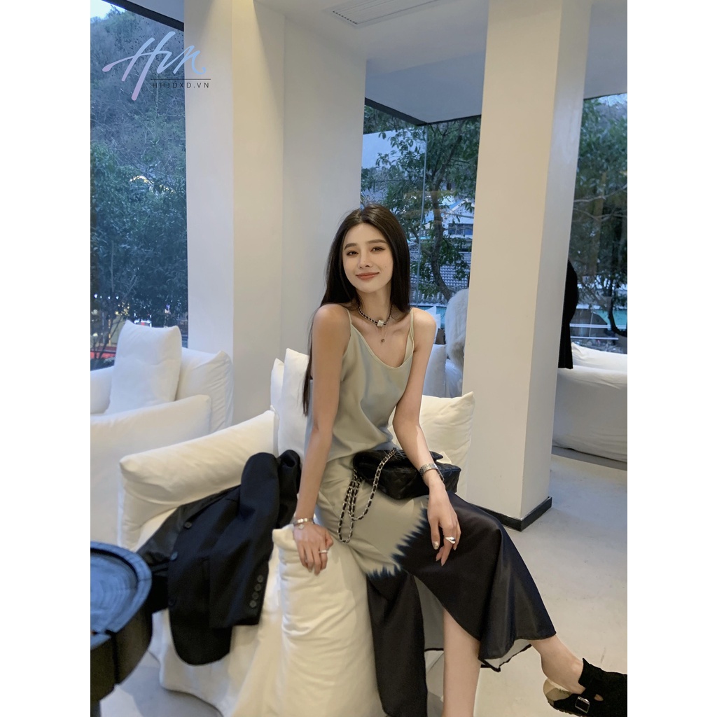 Đầm Hai Dây Dáng Dài Xẻ Tà Màu Sắc Tương Phản Kiểu Pháp Thời Trang Mùa Hè 2023 Cho Nữ