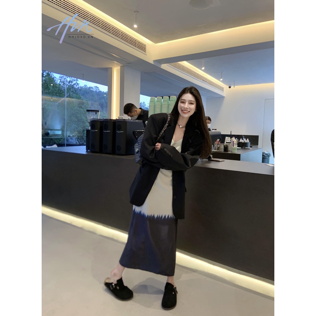 Đầm Hai Dây Dáng Dài Xẻ Tà Màu Sắc Tương Phản Kiểu Pháp Thời Trang Mùa Hè 2023 Cho Nữ