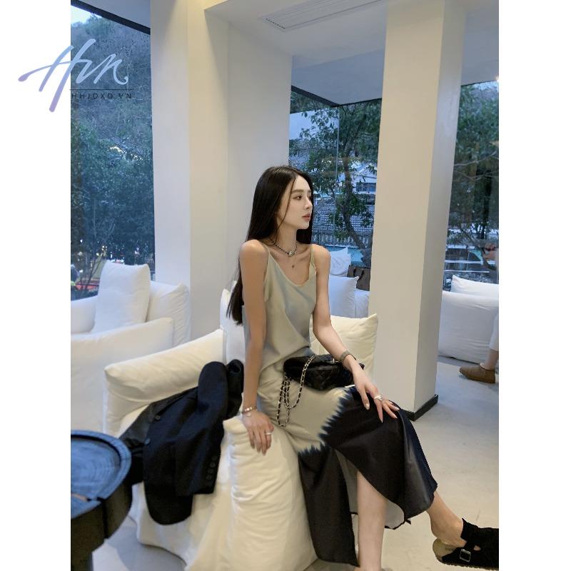 Đầm Hai Dây Dáng Dài Xẻ Tà Màu Sắc Tương Phản Kiểu Pháp Thời Trang Mùa Hè 2023 Cho Nữ