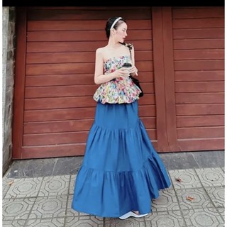 Set áo peplum cúp ngực hoạ tiết phối chân váy xoè