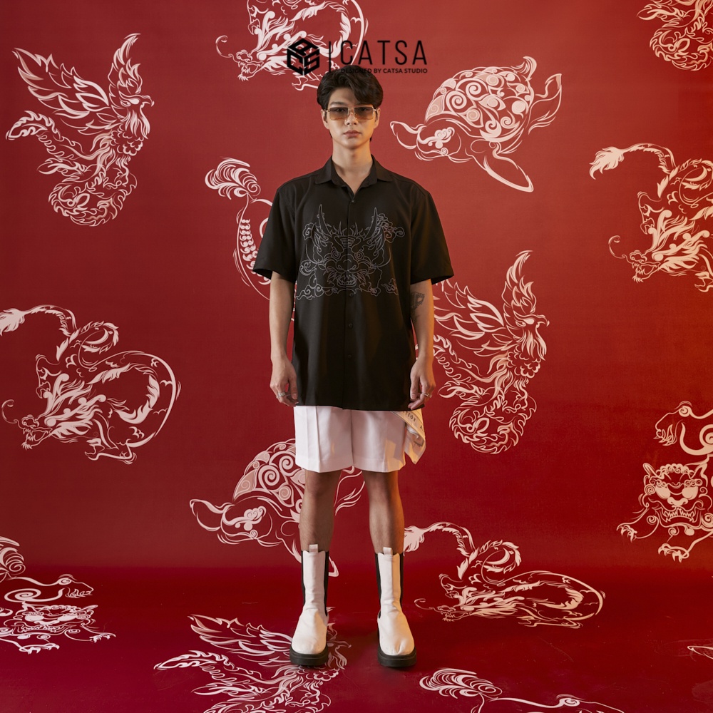Áo sơ mi tay ngắn Long Đệ Nhất thêu cao cấp chất liệu Lụa Mango mềm mại cao cấp, thoáng mát CATSA ASN192