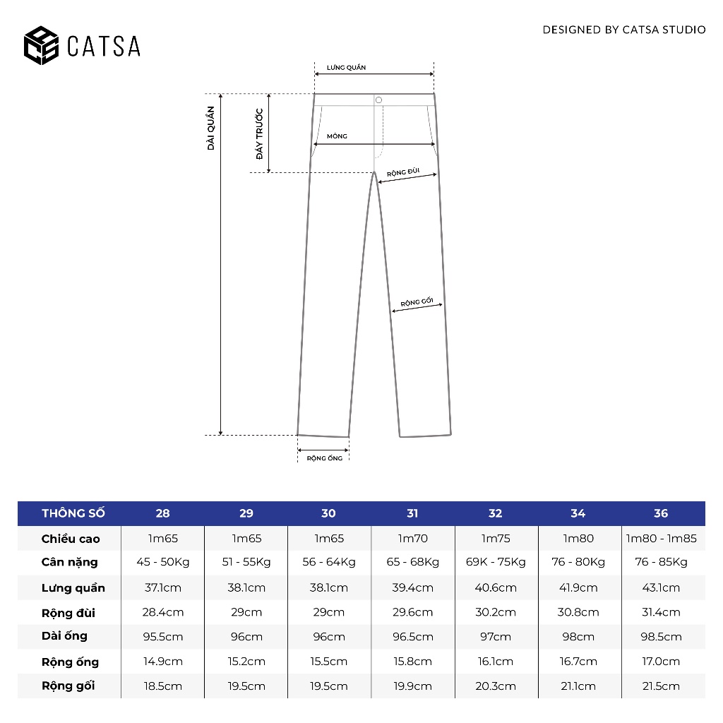 Quần jeans dài nam màu xanh denim, chất vải cao cấp thoáng mát và vận động tốt, trẻ trung năng động CATSA QDL162