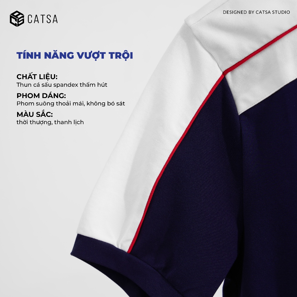 Áo polo cổ bẻ xanh đen phối trắng thun Cotton cao cấp, sang trọng, dáng chuẩn CATSA ATP290