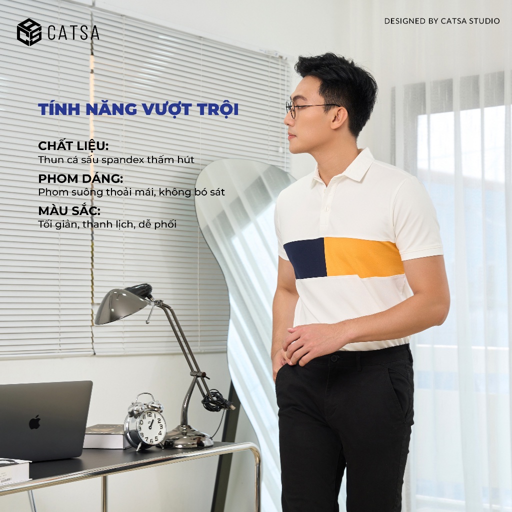 Áo polo nam có cổ trắng phối ngực trẻ trung, chất thun cá sấu spandex co giãn thấm hút mồ hôi tốt, CATSA ATP341