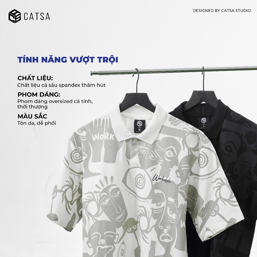 Áo polo nam oversize có cổ in họa tiết trắng đen, chất spandex trẻ trung năng động, CATSA ATP337-338