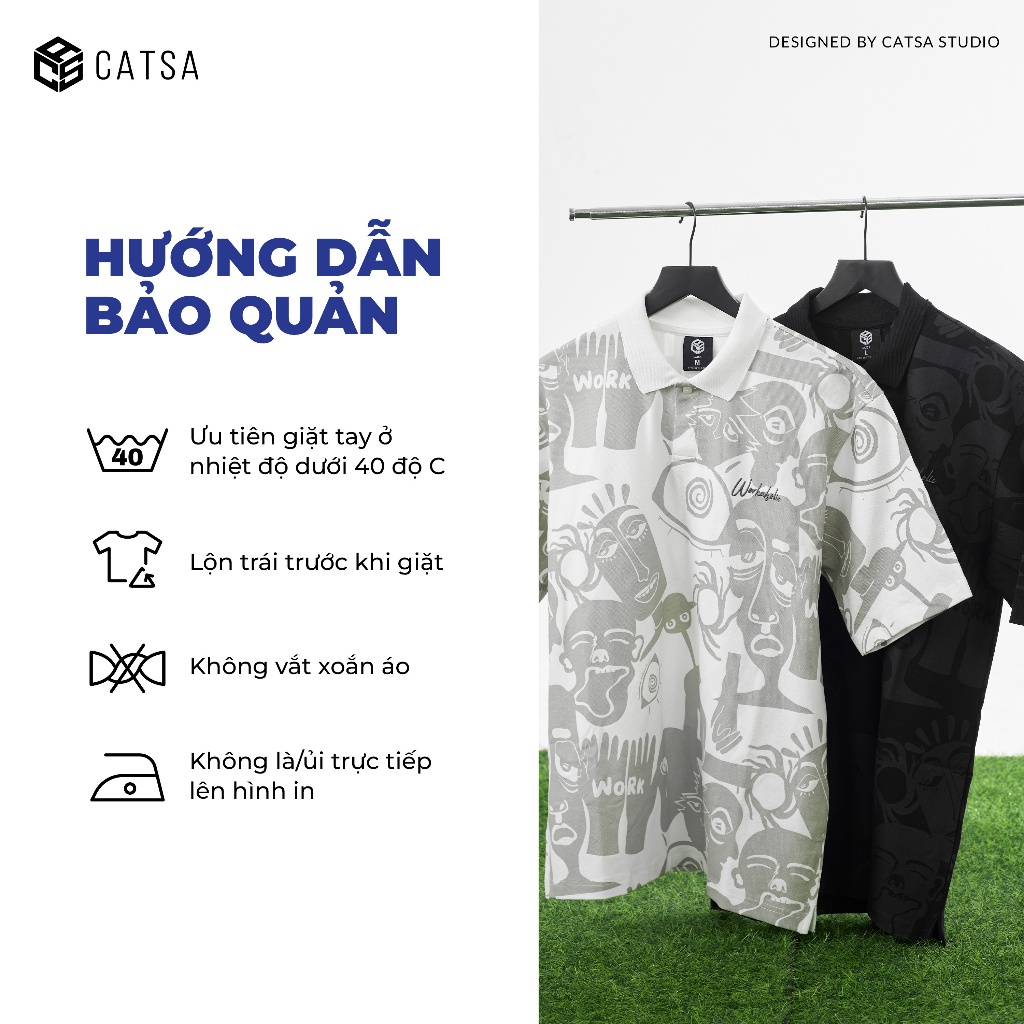 Áo polo nam oversize có cổ in họa tiết trắng đen, chất spandex trẻ trung năng động, CATSA ATP337-338