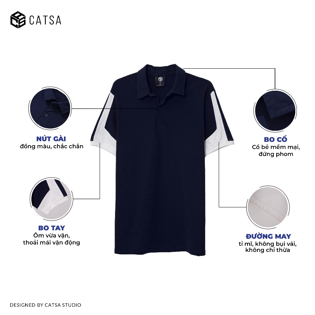 Áo polo cổ bẻ xanh đen phối trắng thun Cotton cao cấp, thấm hút mồ hôi, dáng áo chuẩn CATSA ATP264