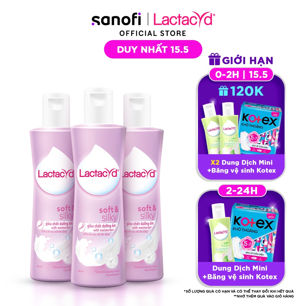 Bộ 3 chai Dung Dịch Vệ Sinh Phụ Nữ Lactacyd Lactacyd Soft & Silky Dưỡng Ẩm 250ml/chai