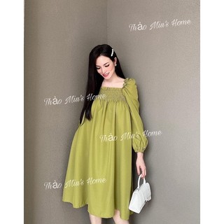 Đầm Xanh Suông Rộng Tay Dài Cổ Vuông