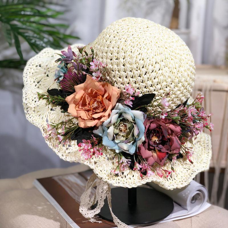 nón cói Mũ Cói Đan Tay Đính Hoa Hồng Thắt Dây Dễ Thương Cho Nữ#Mũ Rộng Vành 39; s Thời Trang Hè Đi Biển Sành Điệu