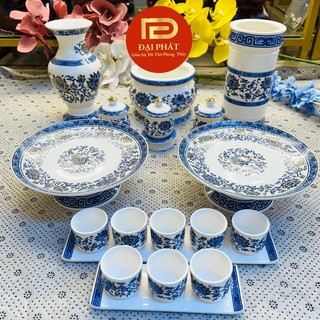 Bộ đồ thờ gấm xanh sen cao cấp ĐẠI PHÁT, bộ đồ thờ gia tiên, đồ thờ thần tài gốm sứ cao cấp, bát hương sứ