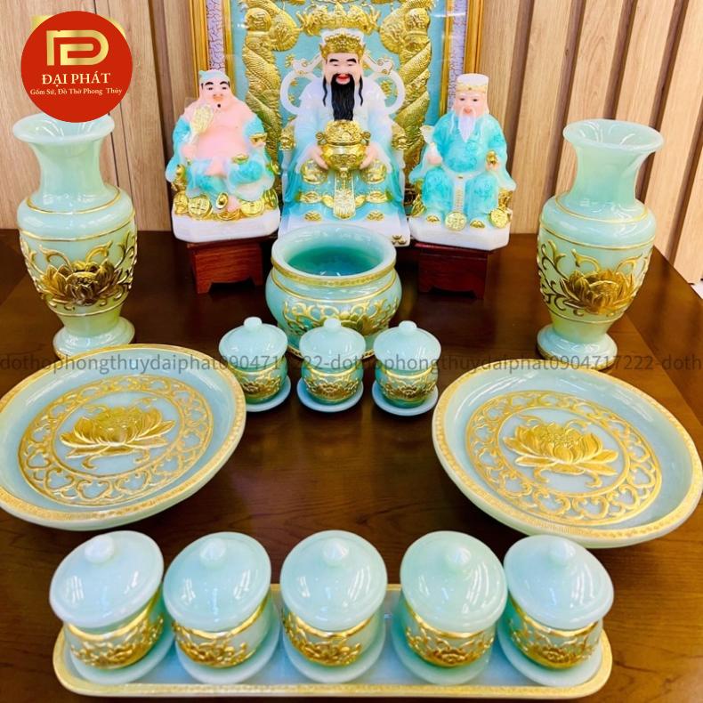 Bộ đồ thờ thần tài màu ngọc xanh cao cấp ĐẠI PHÁT họa tiết sen nổi dát vàng, Lư hương. Bộ đồ thờ cúng