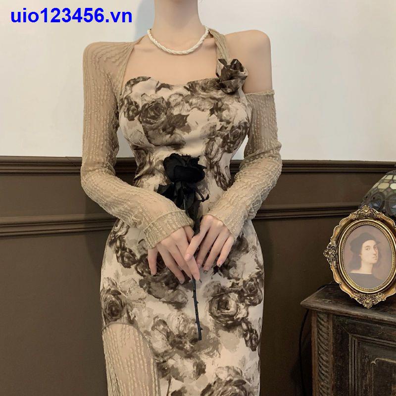 Đầm Nữ Tay Dài Hở Vai Họa Tiết Hoa Thời Trang Quyến Rũ