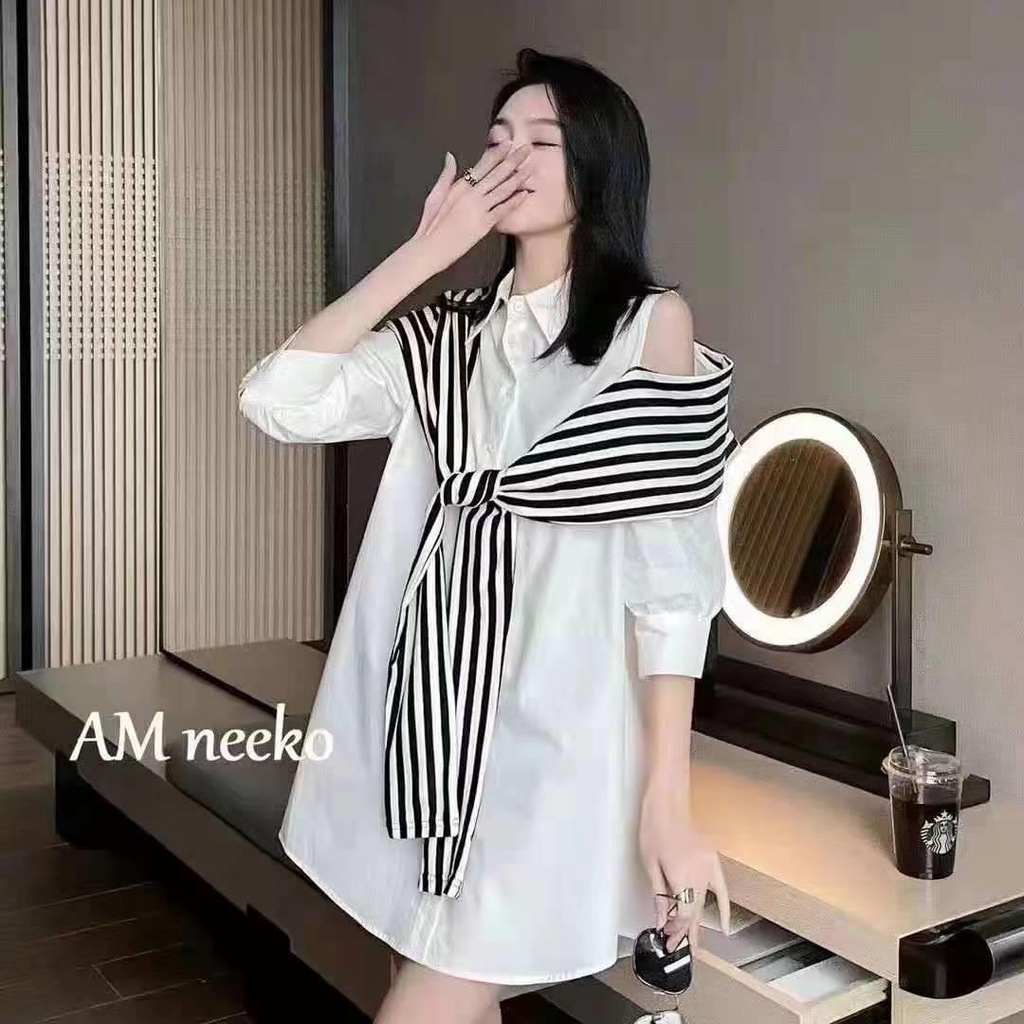 Áo Sơ Mi Giả Hai Mảnh Thiết Kế Kẻ Sọc Kèm Khăn Choàng Cổ Thời Trang Xuân Hè Hàn Quốc Mới 2023