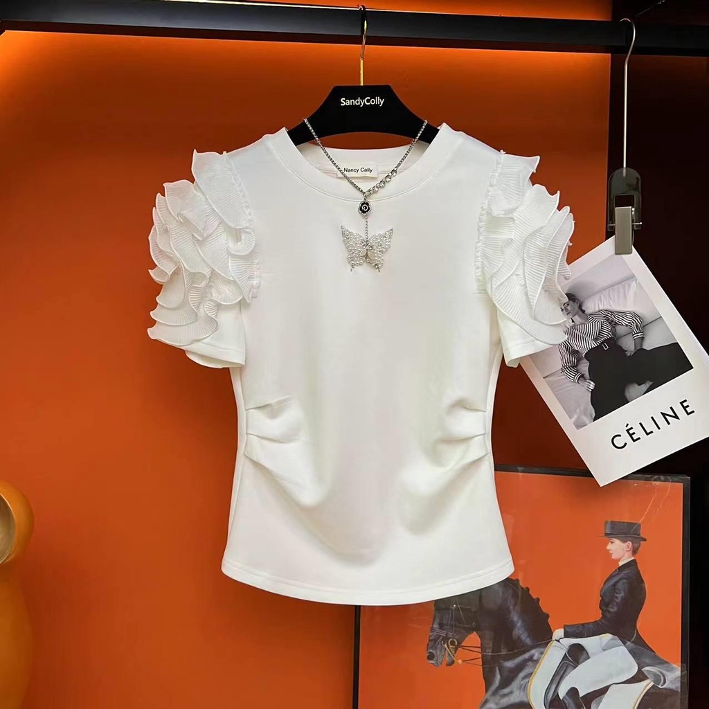 Niche Áo Thun Ba Chiều Tay Ngắn Dáng Ôm Họa Tiết Hoa Bướm Đính Hạt Thời Trang Mùa Hè Hàng Mới Dành Cho Bạn Nữ