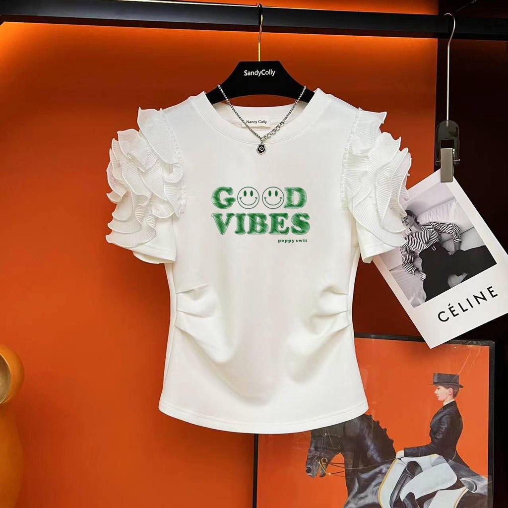 Niche Áo Thun Ba Chiều Tay Ngắn Dáng Ôm Họa Tiết Hoa Bướm Đính Hạt Thời Trang Mùa Hè Hàng Mới Dành Cho Bạn Nữ