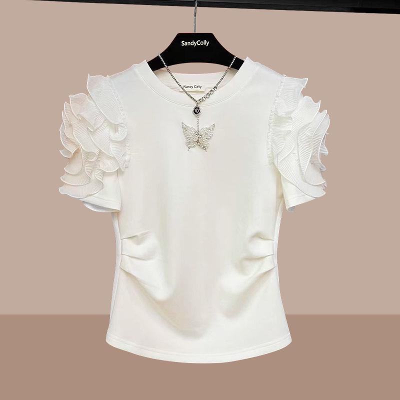 Niche Áo Thun Ba Chiều Tay Ngắn Dáng Ôm Họa Tiết Hoa Bướm Đính Hạt Thời Trang Mùa Hè Hàng Mới Dành Cho Bạn Nữ