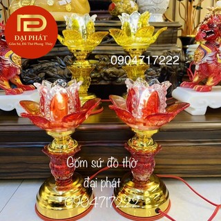 Đèn thờ hoa sen ĐẠI PHÁT, đèn điện thờ bông sen thủy tinh pha Lê màu đỏ, vàng kích thước 23cm
