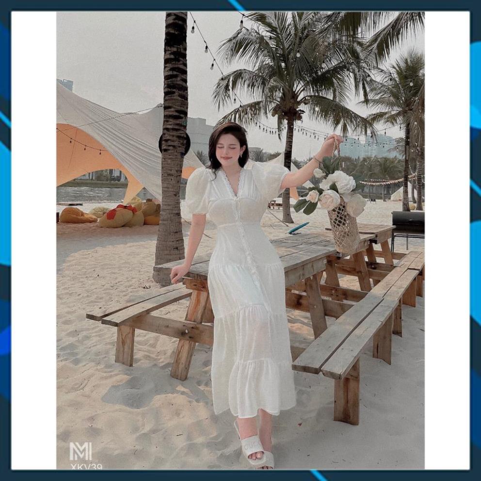 Đầm Maxi phối ren Lala - Cổ V tay phồng - Phù hợp khi đi biển, đi tiệc | XKV39 | MeiMei Studio