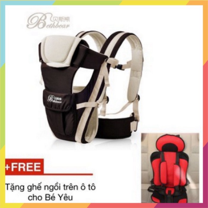Địu em bé vải Polyester thoáng mát siêu mềm có xốp đỡ cổ Bethbear + Tặng ghế ngồi cho bé - t