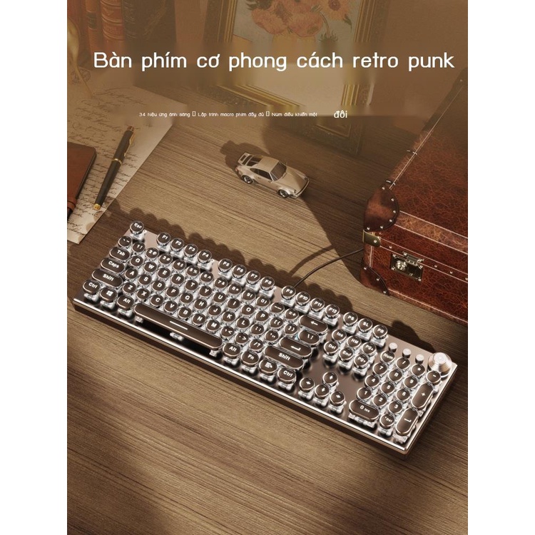 Retro Punk Thực Bộ Bàn Phím Và Chuột Cơ Xanh Trục Bé Gái Máy Tính Văn Phòng Không Dây Thi Game 3 Bộ